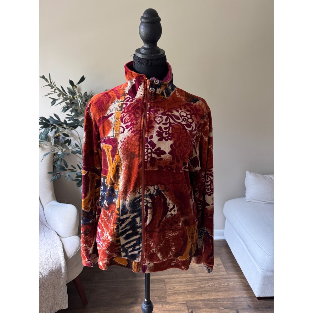 Mirror Image Womens Velour Zip Up Jacket L Rust Burgundy Floral Collage Print